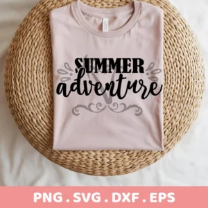 A folded light pink t-shirt displaying a "Summer Adventure SVG Design" in black script and block letters with decorative flourishes, presented as a digital download bundle (SVG, PNG).