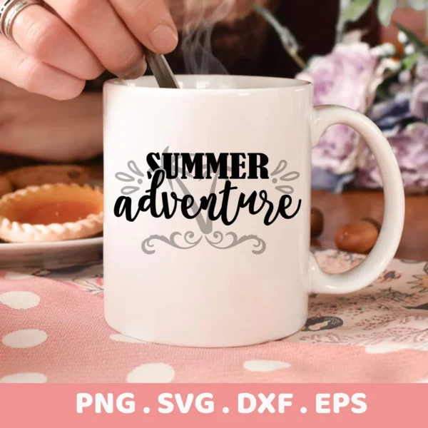 Close-up of a white mug featuring a "Summer Adventure" SVG design, presented as a digital download bundle (SVG, PNG).