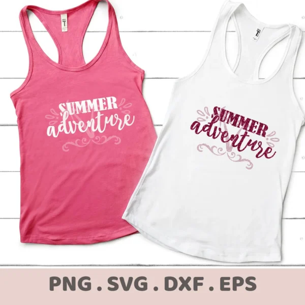 Two tank tops, one pink and one white, display the "Summer Adventure SVG Design," showcasing a digital download bundle (SVG, PNG) for vacation-themed decor.