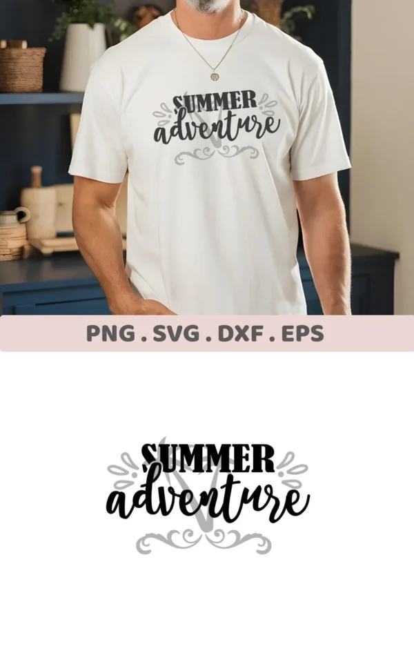 A man wearing a white t-shirt with a "Summer Adventure" SVG design, showcasing the digital download bundle (SVG, PNG).
