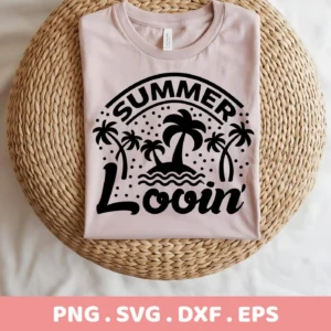 A light pink t-shirt with a black "Summer Lovin'" design featuring palm trees and waves, displayed on a woven surface; this is a digital download bundle including SVG and PNG files.