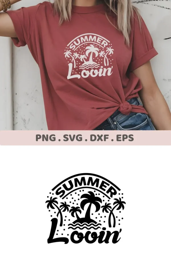 A woman models a knotted t-shirt with a "Summer Lovin'" design featuring palm trees, showcasing a digital download bundle (SVG, PNG).