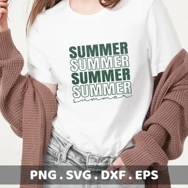 A woman wearing a white t-shirt with a "Summer" design repeated four times, showcasing a Summer SVG cut file digital download bundle (SVG, PNG).