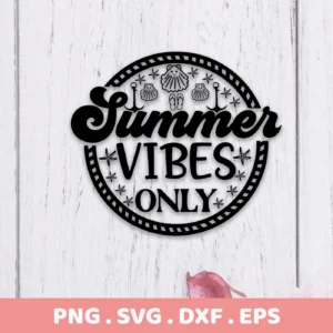 Black vector graphic of "Summer Vibes Only" in a circular design with starfish, anchors, and seashells, representing a Summer Vibes Starfish SVG digital download bundle (SVG, PNG).
