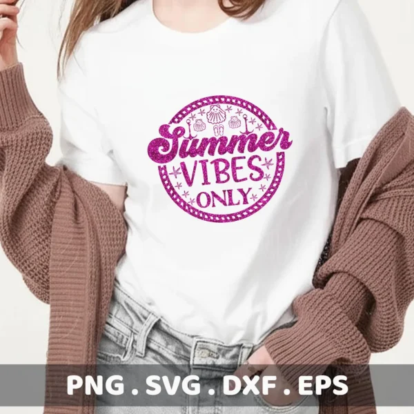 A woman wearing a white t-shirt with a pink glittery "Summer Vibes Only" design featuring starfish, shells, and anchors, showcasing a Summer Vibes Starfish SVG digital download bundle (SVG, PNG).