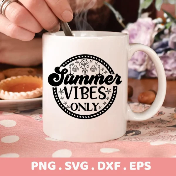 Close-up of a white mug featuring a "Summer Vibes Only" design with starfish, shells, and an anchor, representing a Summer Vibes Starfish SVG digital download bundle (SVG, PNG).