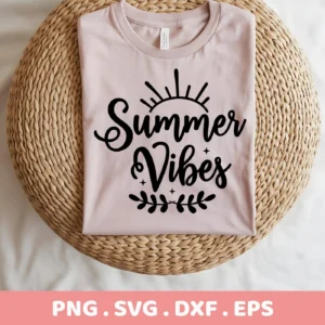 A folded light pink t-shirt with a black "Summer Vibes" SVG Design featuring a sun graphic and leafy accents, presented as a digital download bundle (SVG, PNG).