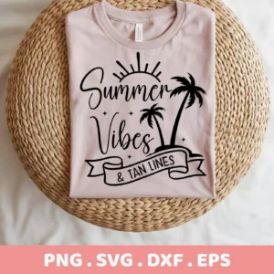 A folded light pink t-shirt displays a "Summer Vibes" SVG design with palm trees and a banner reading "& Tan Lines," presented as a digital download bundle (SVG, PNG).