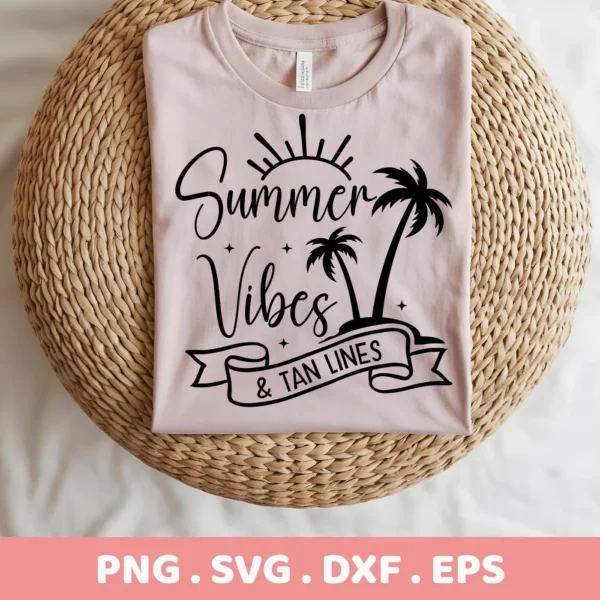 A folded light pink t-shirt displays a "Summer Vibes" SVG design with palm trees and a banner reading "& Tan Lines," presented as a digital download bundle (SVG, PNG).