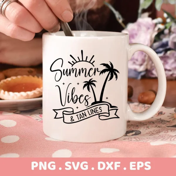 Close-up of a white mug featuring a "Summer Vibes" SVG design with palm trees and a banner reading "& Tan Lines," indicating a digital download bundle (SVG, PNG).