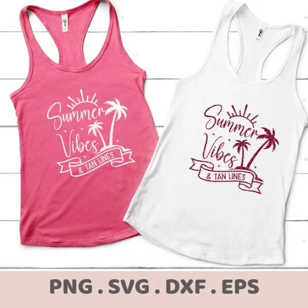 Two tank tops, one pink and one white, display a "Summer Vibes" design with palm trees and a banner reading "& Tan Lines," representing a digital download bundle (SVG, PNG).