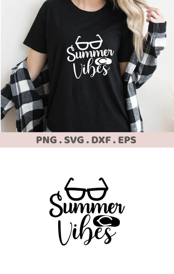 Summer Vibes SVG Design" featuring sunglasses and a flip-flop graphic, shown on a black t-shirt, indicating a digital download bundle (SVG, PNG).