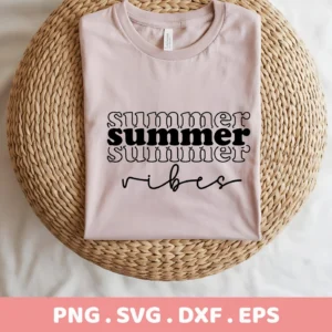 A light pink t-shirt with the words "summer vibes" stacked in a retro font, displayed on a woven mat, representing a Summer Vibes SVG design digital download bundle (SVG, PNG).