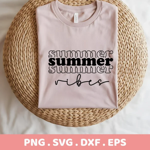 A light pink t-shirt with the words "summer vibes" stacked in a retro font, displayed on a woven mat, representing a Summer Vibes SVG design digital download bundle (SVG, PNG).
