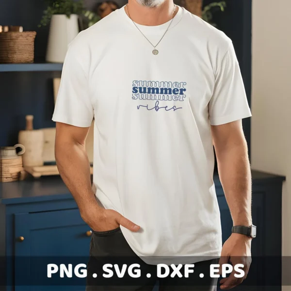 A man models a white t-shirt with a "Summer Summer Summer Vibes" design, showcasing a Summer Vibes SVG design available as a digital download bundle in SVG and PNG formats.