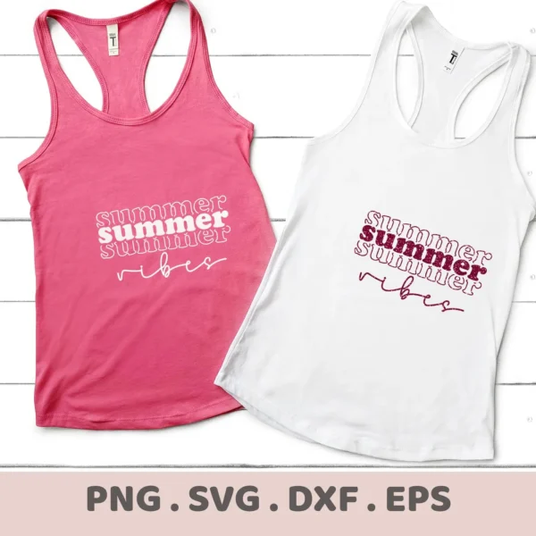 Two tank tops, one pink and one white, display a "Summer Vibes" SVG design, indicating a digital download bundle.