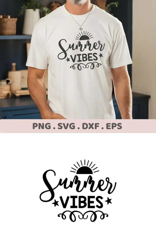 A man wears a white t-shirt featuring a "Summer Vibes" SVG design, which is available as a digital download bundle including SVG and PNG formats.