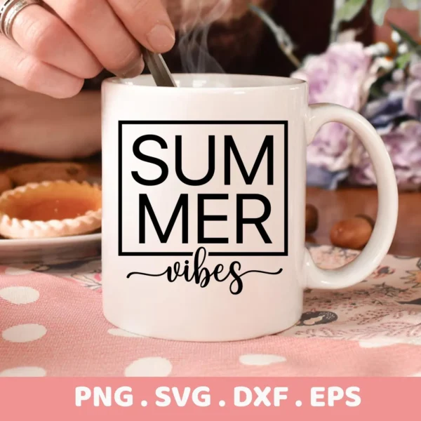 Close-up of a white mug with a "Summer Vibes" SVG Design, part of a digital download bundle including SVG and PNG formats, with a hand stirring the contents.