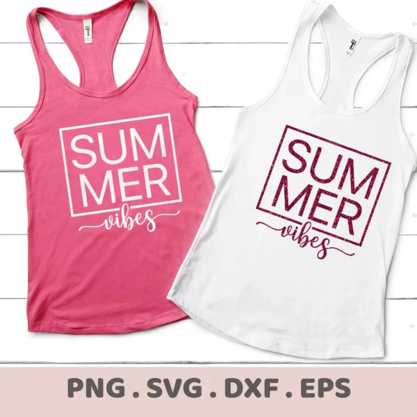 Two tank tops, one pink and one white, display the "Summer Vibes" SVG Design, available as a digital download bundle including SVG and PNG formats.