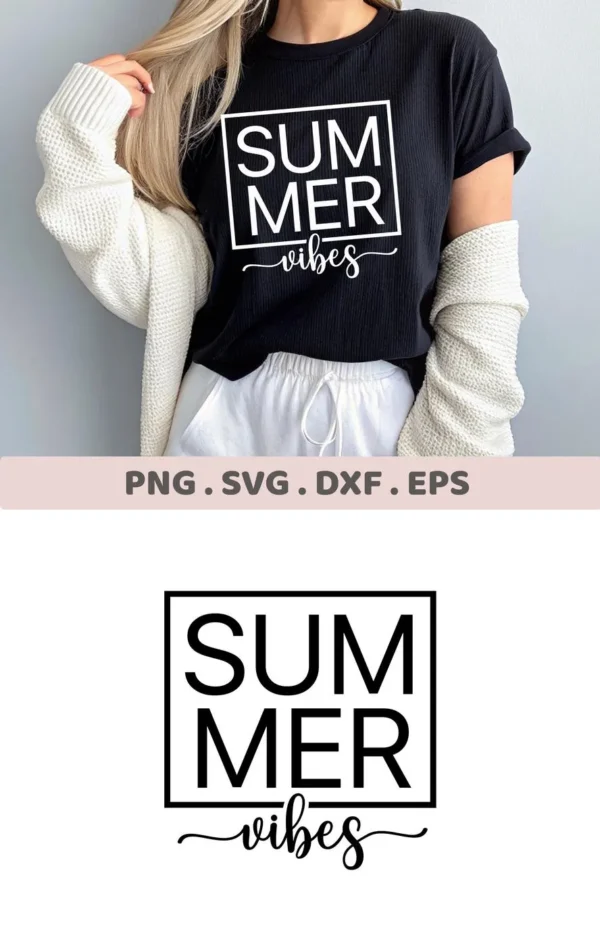 A woman wearing a black t-shirt with a "Summer Vibes" SVG Design in a square, showcasing a digital download bundle (SVG, PNG).