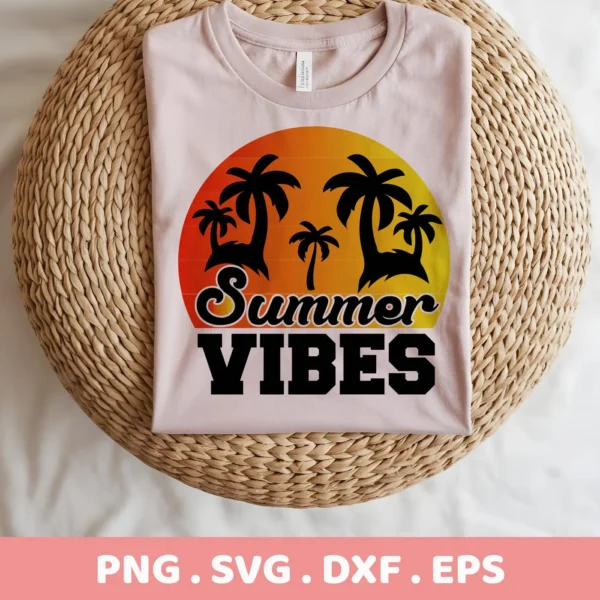 A folded t-shirt displays a "Summer Vibes Palm SVG" design featuring black palm tree silhouettes against a gradient orange and yellow sunset, available as a digital download bundle including SVG and PNG files.