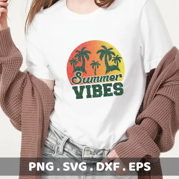 A woman wearing a white t-shirt with a "Summer Vibes Palm SVG" design featuring palm trees silhouetted against a retro sunset, advertising a digital download bundle including SVG and PNG files.
