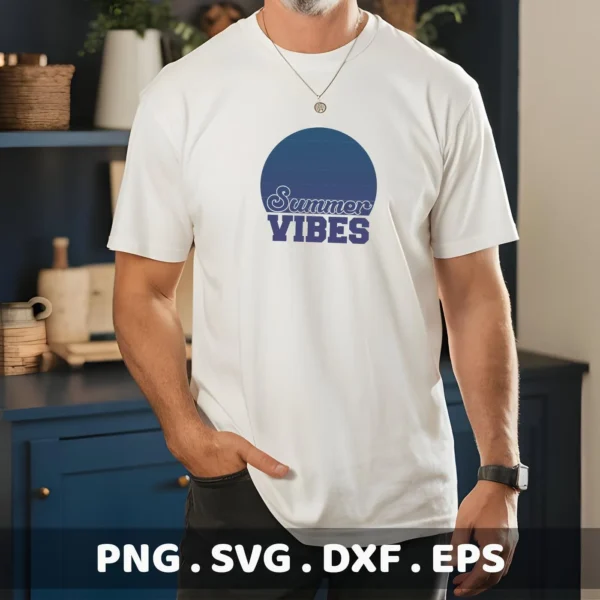 A man wears a white t-shirt with a "Summer Vibes" design over a blue gradient circle, showcasing a digital download bundle (SVG, PNG, DXF, EPS).