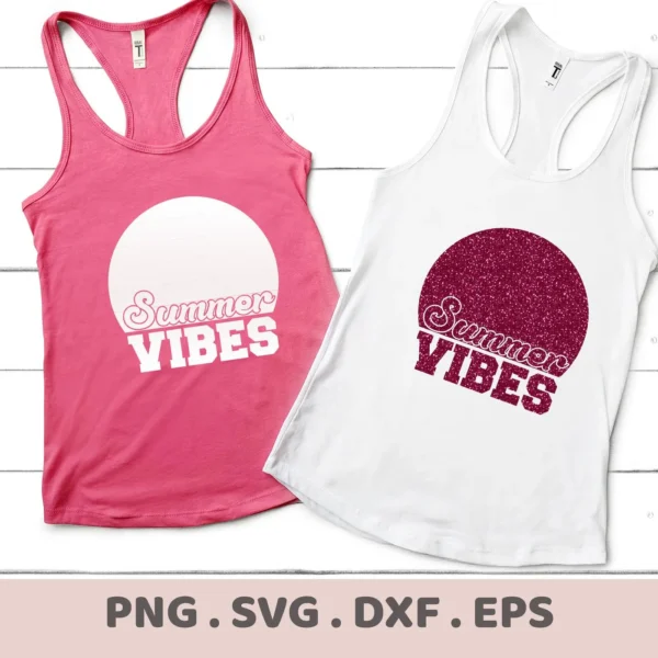 Two tank tops, one pink and one white, display "Summer Vibes" designs, showcasing a digital download bundle including SVG and PNG files.
