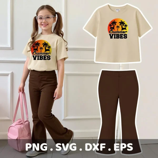 A young girl models a t-shirt with a "Summer Vibes Palm SVG" design featuring palm trees against a sunset, shown alongside a digital download bundle mockup including SVG and PNG files.