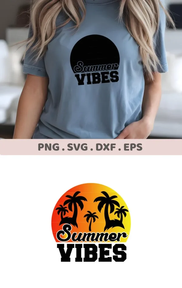 Summer Vibes Palm SVG" design featuring palm trees and the text "Summer Vibes," available as a digital download bundle including SVG and PNG formats.