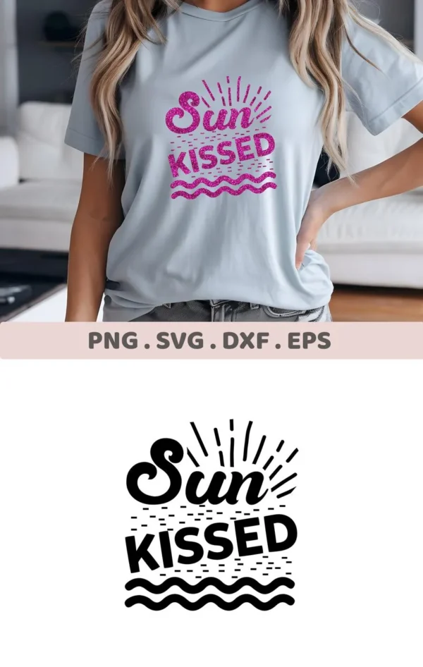 A woman models a t-shirt with a "Sun Kissed" SVG design, available as a digital download bundle (SVG, PNG).