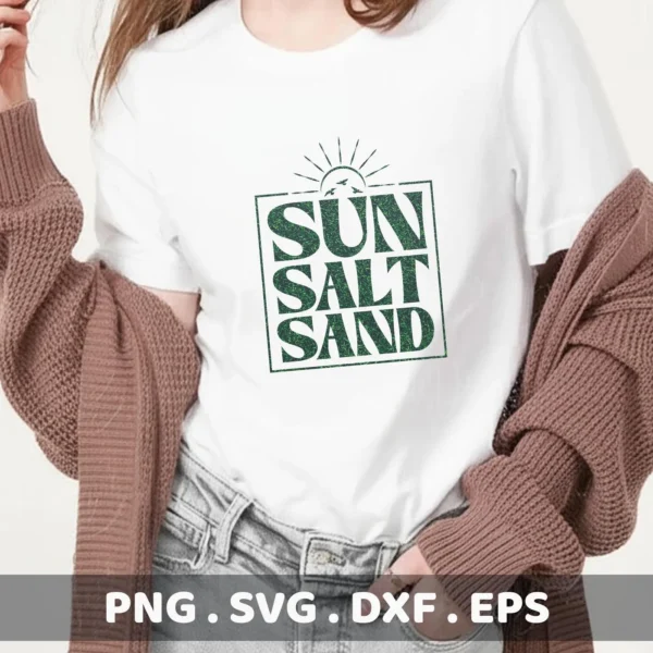 A woman wearing a white t-shirt with a green "Sun Salt Sand" design featuring a sun and birds, showcasing a digital download bundle (SVG, PNG).