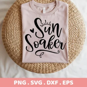 A folded light pink t-shirt with the text "Sun Soaker" in black script font, featuring a small sun graphic and heart, displayed on a round woven mat; a digital download bundle including SVG and PNG files.