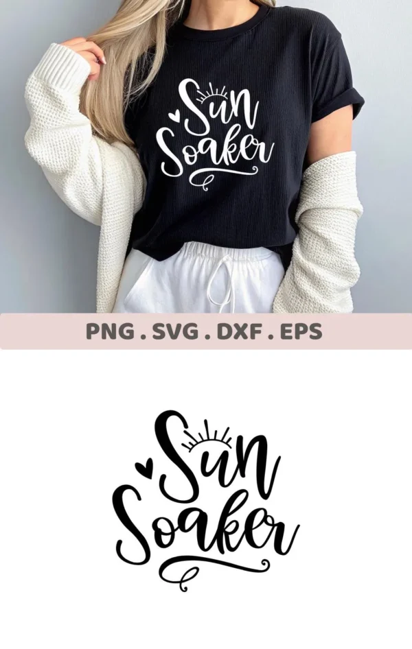 A woman models a black t-shirt with a white "Sun Soaker" design, showcasing a digital download bundle (SVG, PNG).