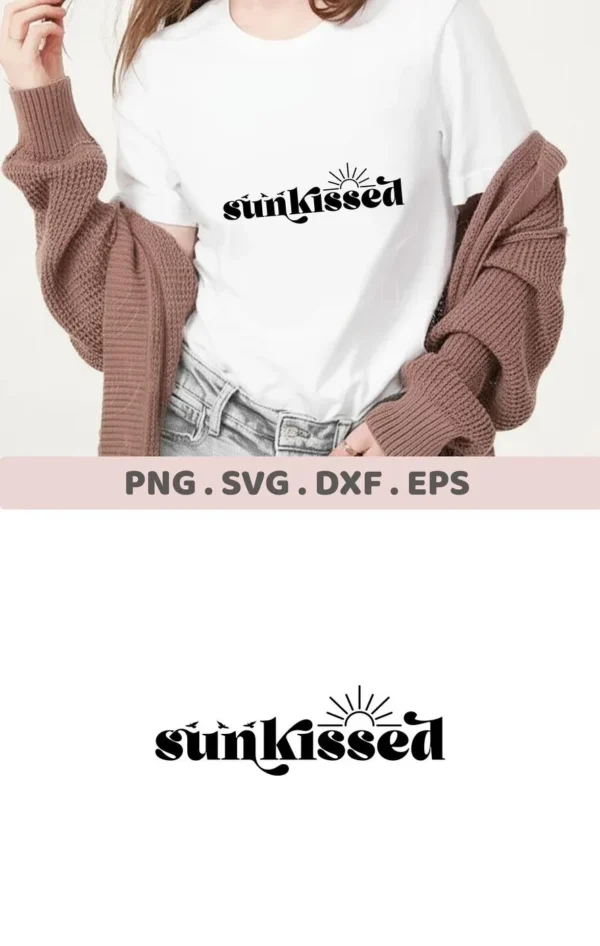 A woman wearing a white t-shirt with the word "sunkissed" and a sun graphic, showcasing a Sunkissed Birds SVG Cricut Design available as a digital download bundle in SVG and PNG formats.