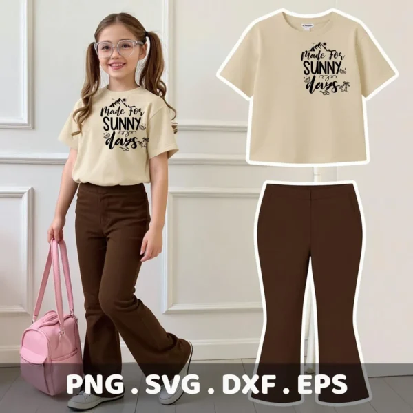 A young girl models a beige t-shirt with a "Made For Sunny Days" SVG design, alongside a digital download bundle mockup including the t-shirt and brown pants.