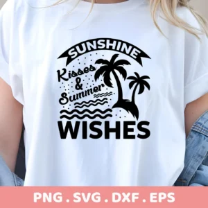 Close-up of a white t-shirt featuring a black design with the words "Sunshine Kisses & Summer Wishes," two palm trees, and waves, representing a Tropical Summer Wishes SVG File digital download bundle (SVG, PNG, DXF, EPS).