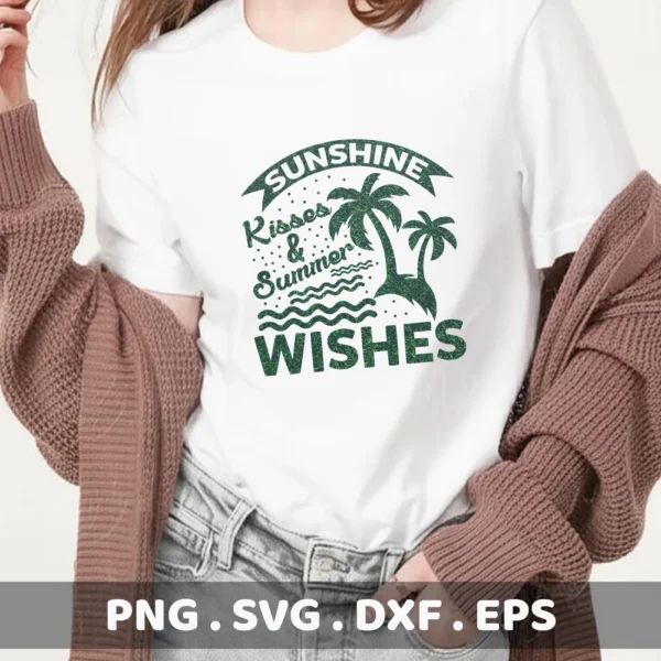 A woman models a white t-shirt with a green glittery design reading "Sunshine Kisses & Summer Wishes" with palm trees and waves, representing a Tropical Summer Wishes SVG File digital download bundle (SVG, PNG).