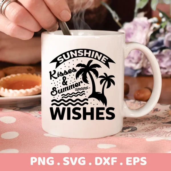 A white mug with the text "Sunshine Kisses & Summer Wishes" and a palm tree graphic, representing a Tropical Summer Wishes SVG File, part of a digital download bundle including SVG and PNG formats.