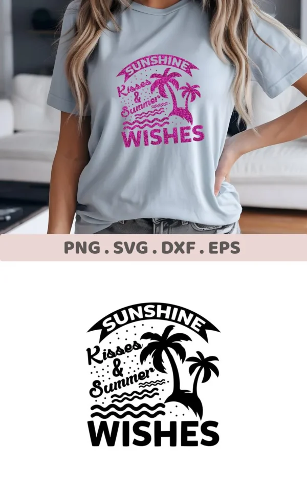 A woman models a t-shirt with a "Sunshine Kisses & Summer Wishes" design featuring palm trees and waves; the image advertises a Tropical Summer Wishes SVG File digital download bundle.