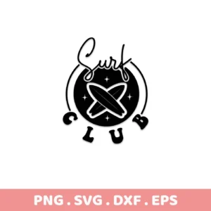 Black and white Surf Club SVG Design featuring crossed surfboards inside a circle with the word "Surf" above and "Club" below, offered as a digital download bundle including SVG and PNG formats.