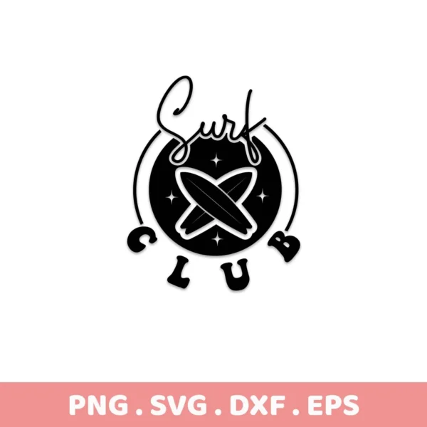 Black and white Surf Club SVG Design featuring crossed surfboards inside a circle with the word "Surf" above and "Club" below, offered as a digital download bundle including SVG and PNG formats.