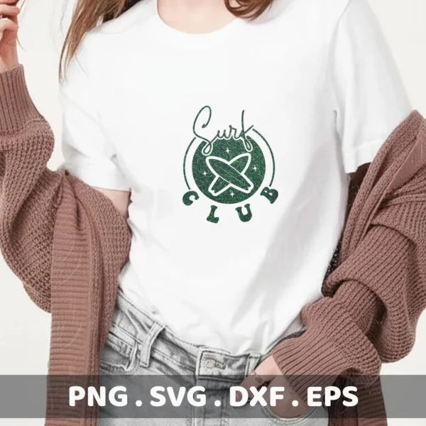 A woman wearing a white t-shirt with a green "Surf Club" design featuring crossed surfboards, showcasing a Surf Club SVG design available as a digital download bundle (SVG, PNG).