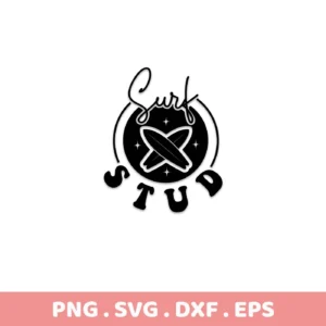 Black and white Surf Stud SVG Design featuring crossed surfboards inside a circle with stars, and the words "Surf" in cursive above and "Stud" below, offered as a digital download bundle including SVG and PNG formats.