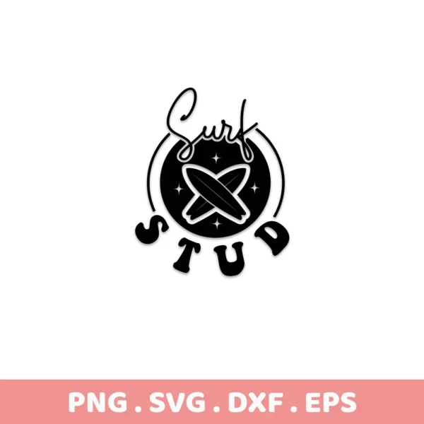 Black and white Surf Stud SVG Design featuring crossed surfboards inside a circle with stars, and the words "Surf" in cursive above and "Stud" below, offered as a digital download bundle including SVG and PNG formats.