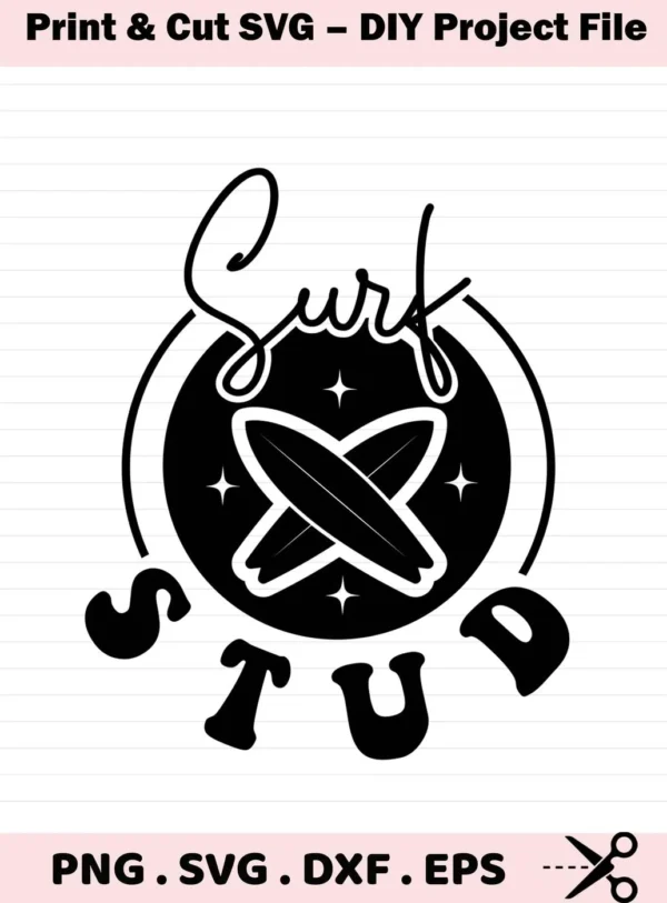 Black and white Surf Stud SVG Design featuring crossed surfboards inside a circle with stars, part of a digital download bundle (SVG, PNG).