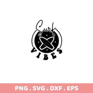 Black and white "Surf Vibes SVG Design" featuring crossed surfboards inside a circle with stars, available as a digital download bundle including SVG and PNG formats.