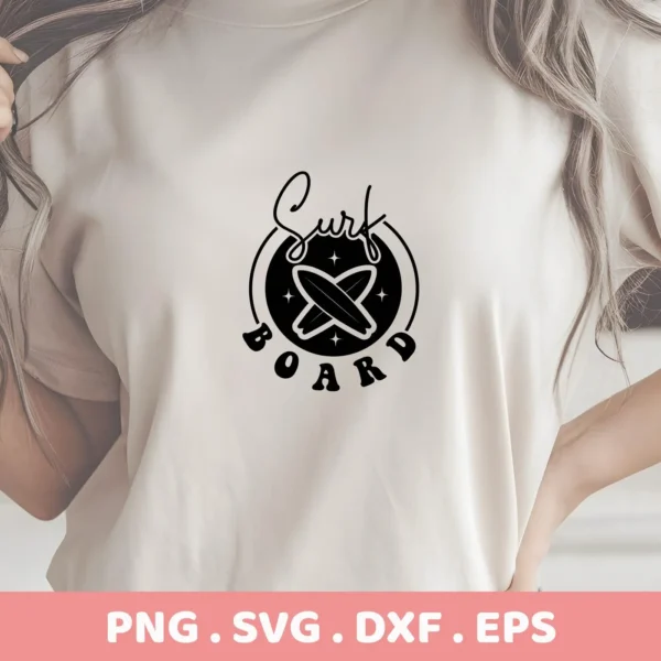 Close-up of a woman's torso wearing a t-shirt with a black "Surf Board" design featuring crossed surfboards inside a circle, indicating a Surfboard SVG Cutting File digital download bundle (SVG, PNG).