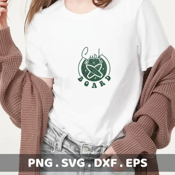 A woman wearing a white t-shirt with a green "Surf Board" design featuring crossed surfboards, showcasing a Surfboard SVG Cutting File digital download bundle (SVG, PNG).