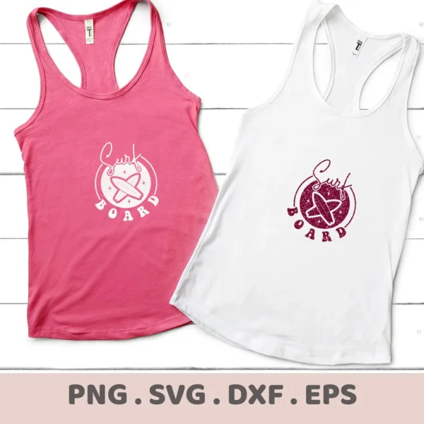 Two tank tops, one pink and one white, display a "Surfboard" design, showcasing a Surfboard SVG Cutting File available as a digital download bundle in SVG and PNG formats.